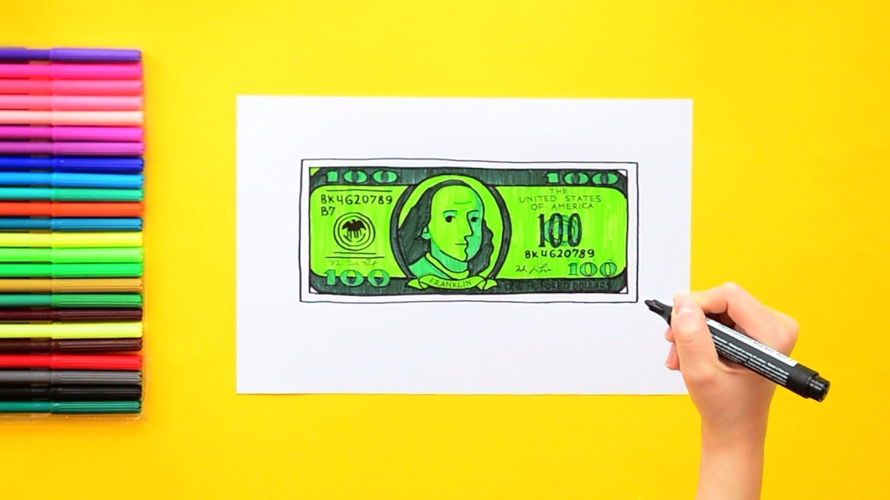 1280x720 How To Draw And Color Money - 100 Dollar Bill Drawing