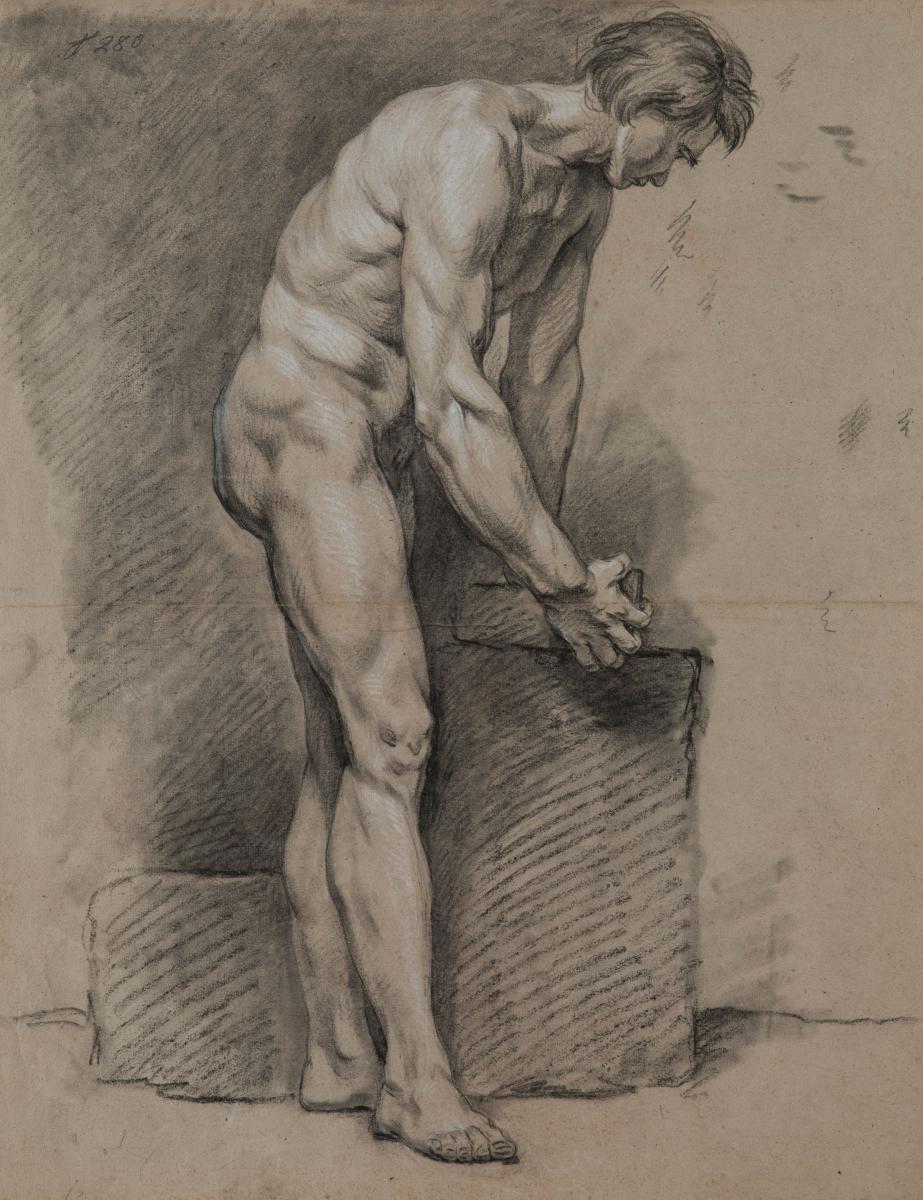 923x1200 Man Academy Drawing, Black White Chalk, French School - 18th Century Drawings