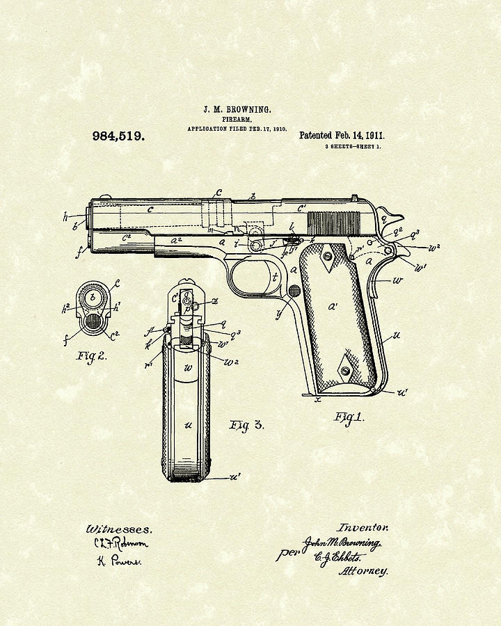 720x900 Firearm Patent Art Drawing - 1911 Drawing