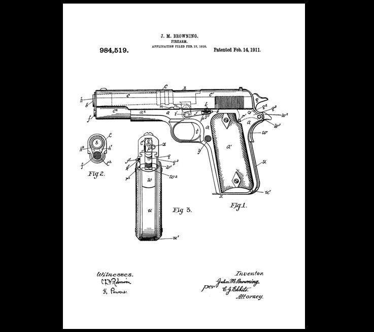 737x653 colt pistol patent, drawing design, art print, military - 1911 Drawing