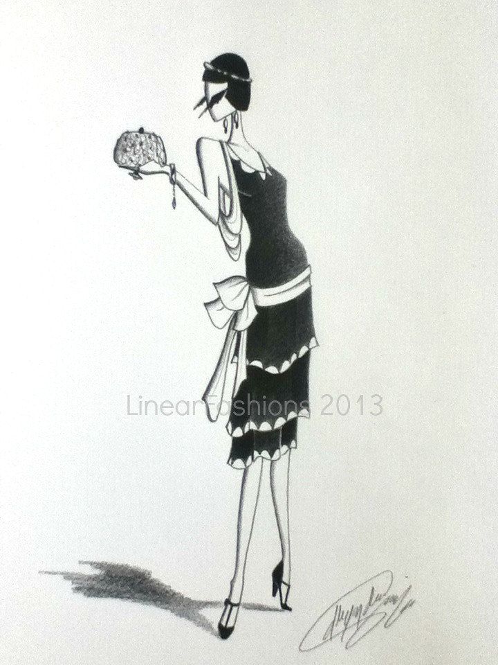 720x960 reserved fashion illustration flapper art black and white - 1920s Flapper Drawing