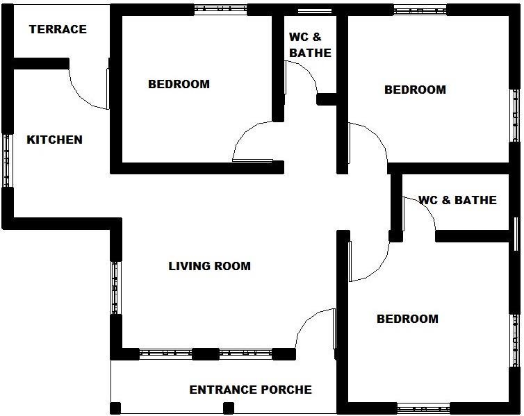 754x599 A Two Dimensional Drawing Showing The Floor Plan Of Three Bedroom - 2 Dimensional Drawing