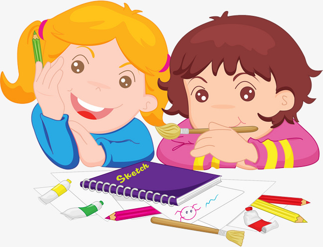 650x497 Girls Lying On The Table With Their Brushes, Painting, Draw - 2 Girls Drawing