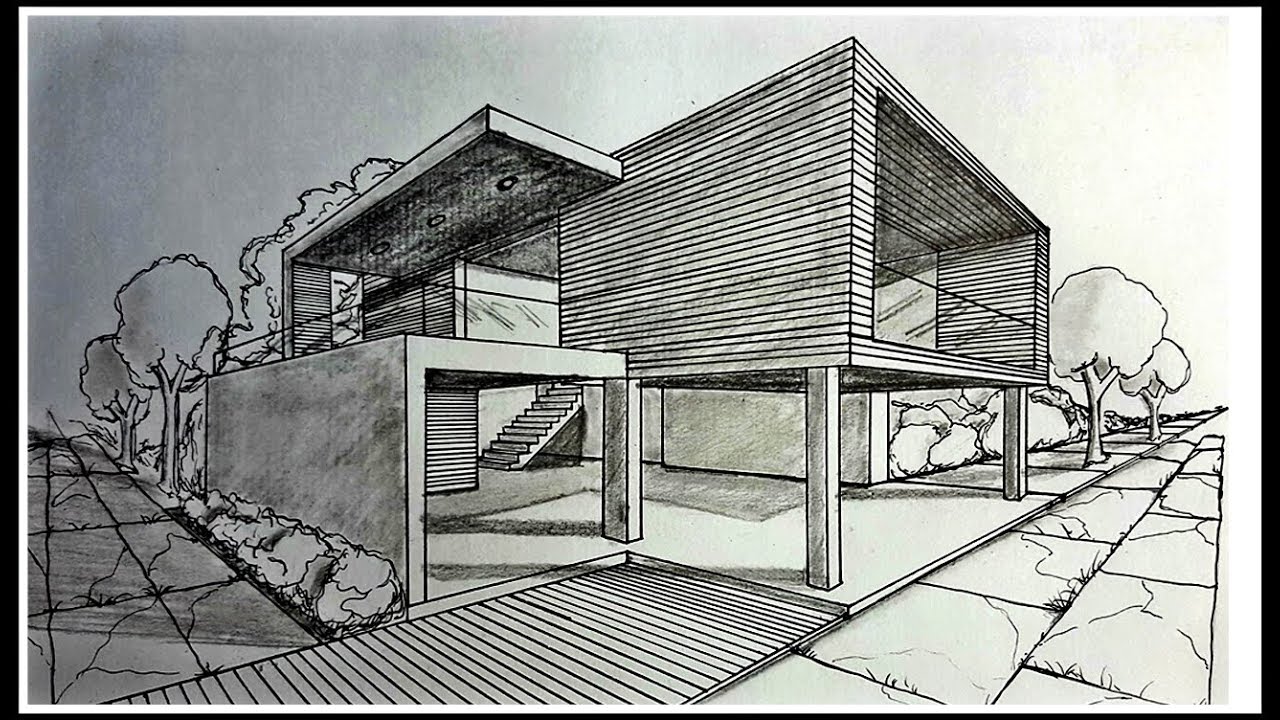 1280x720 Drawing A Modern House In Two Points Perspective Time Lapse - 2 Point Perspective Drawing House