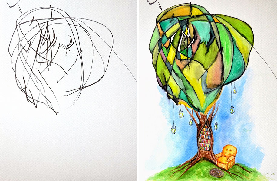 915x599 Mother Turns Her Year Old's Scribbles Into Watercolours - 2 Year Old Drawing