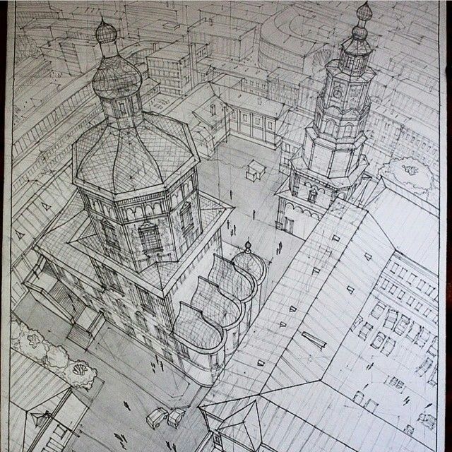 640x640 City Sketch Drawn From Bird's Eye View With Point Perspective - 3 Point Perspective Drawing Birds Eye View
