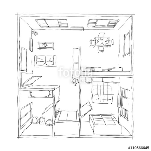 500x500 Freehand Drawing Illustration Of Furnished Apartment Room - 3d Bedroom Drawing