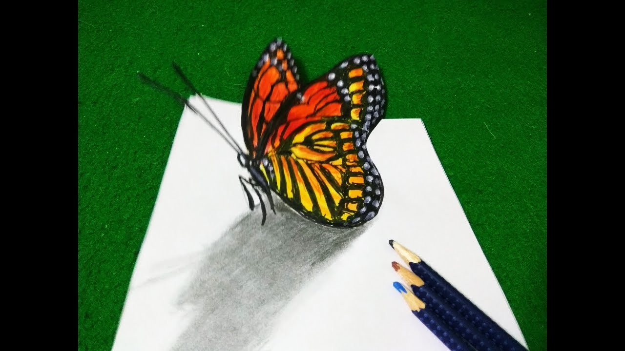 1280x720 Drawing Of Butterfly On Paper, Step - 3d Butterfly Drawing