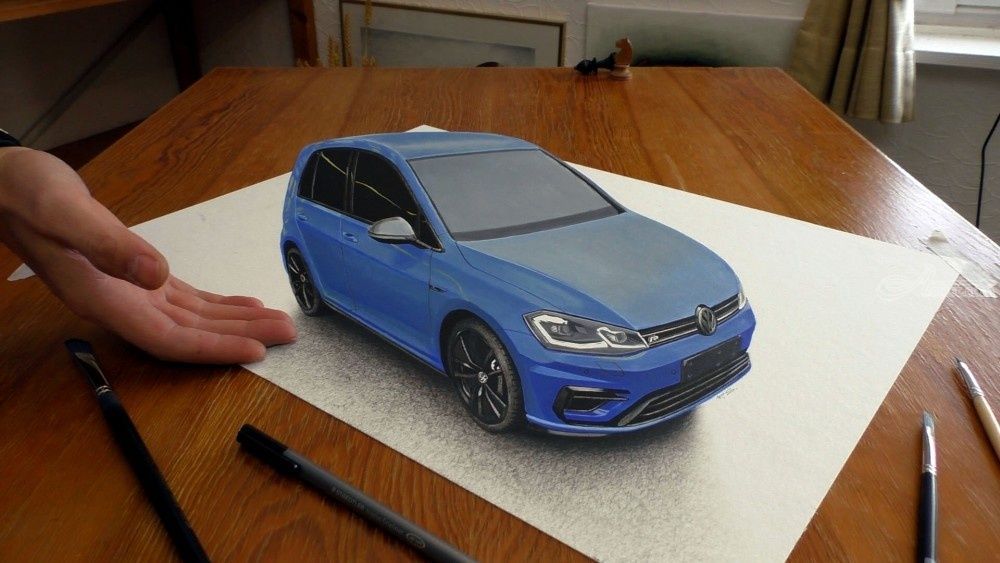 1000x563 vw golf car painted in anamorphic optical illusion illustration - 3d Car Drawing