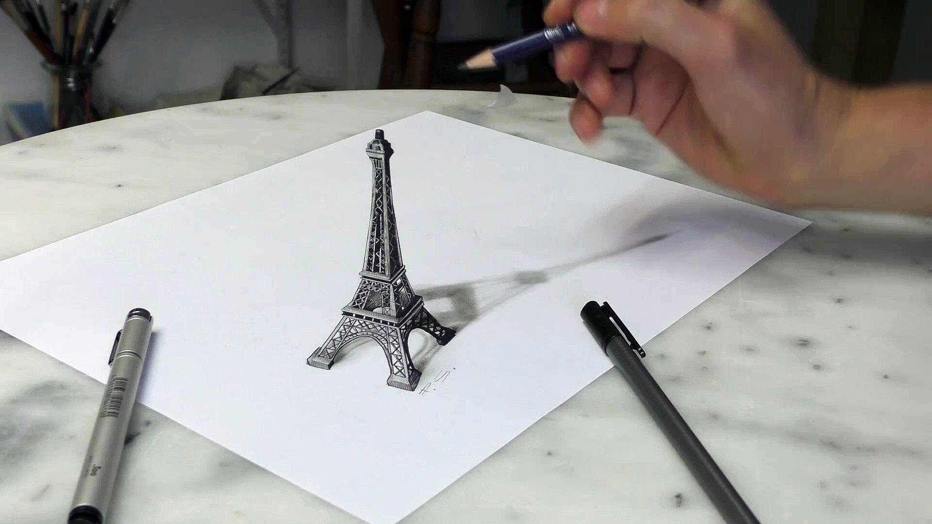 1920x1080 Paris Eiffel Tower Drawing Optical Illusion - 3d Drawing