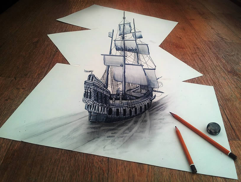815x616 Ship Drawn On Three Flat Sheets Of Paper - 3d Drawing Images