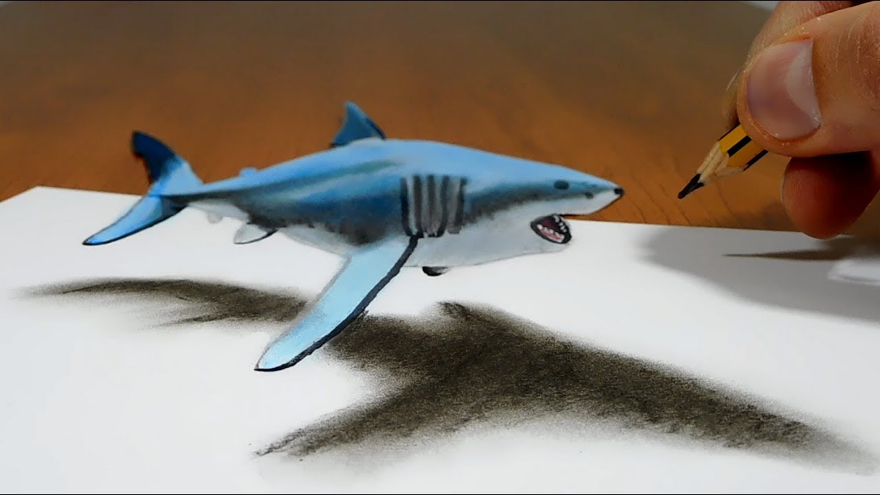 1280x720 Trick Art On Paper Floating Shark - 3d Shark Drawing