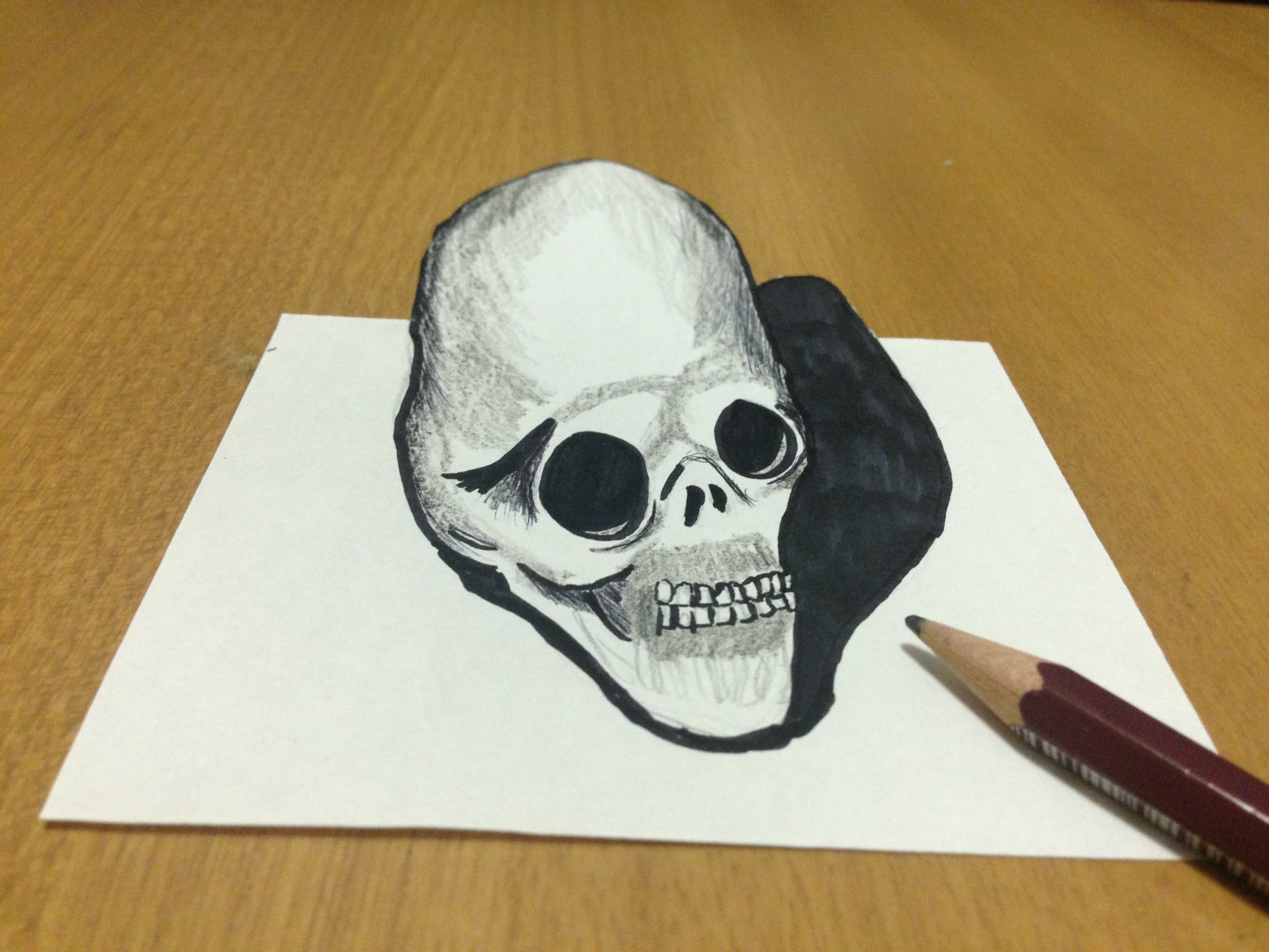 3000x2250 freehand trick art skull drawing, anamorphic illusion - 3d Skull Drawing