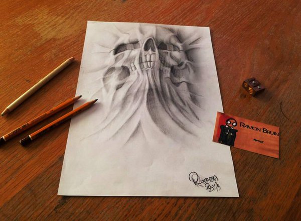 600x440 Art ! On Twitter Hyper Realistic Rising Skull Drawing Http - 3d Skull Drawing