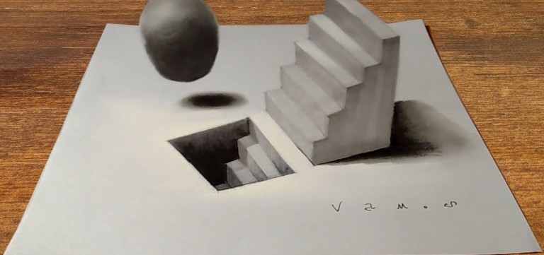 768x361 Drawing Staircase And Sphere Illusion - 3d Stairs Drawing