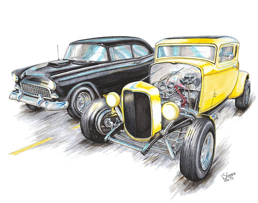900x708 chevy ford racing drawing - 55 Chevy Drawing