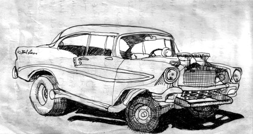 500x266 Cars On The Street Drawn - 55 Chevy Drawing