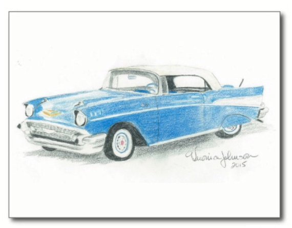570x445 Chevy Bel Air Note Card Or Print Etsy - 57 Chevy Drawing