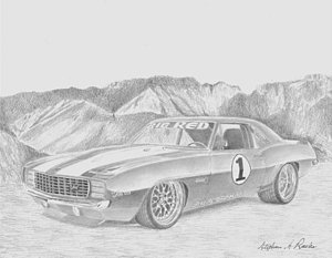300x233 big red camaro classic car art print drawing - 69 Camaro Drawing