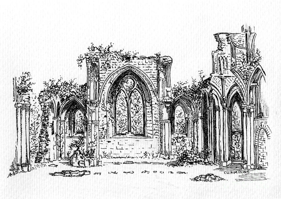 900x636 Netley Abbey Ink Drawing Drawing - Abbey Drawing