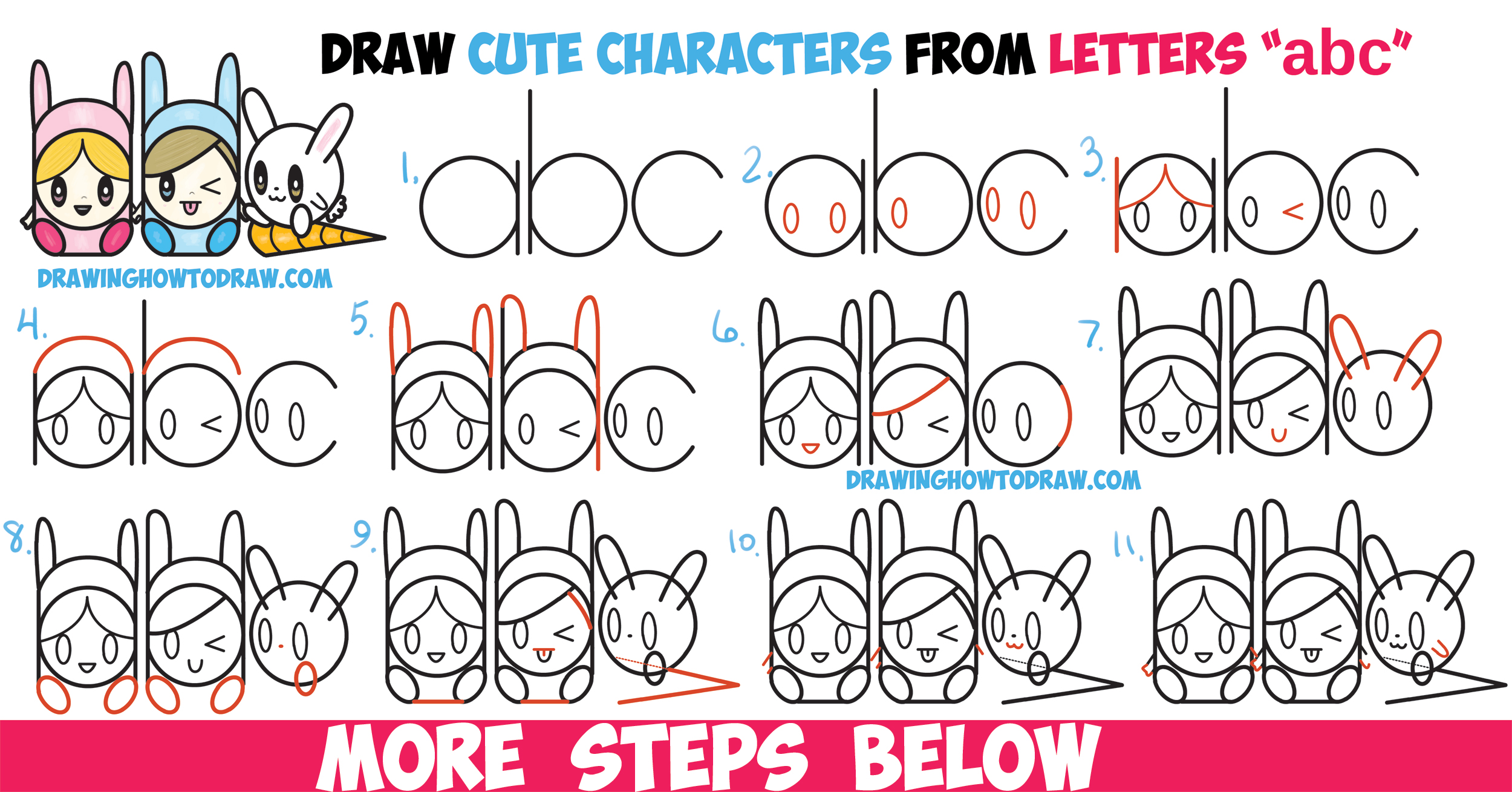 2500x1309 how to draw cute kawaii chibi characters in bunny hats - Abc Drawing