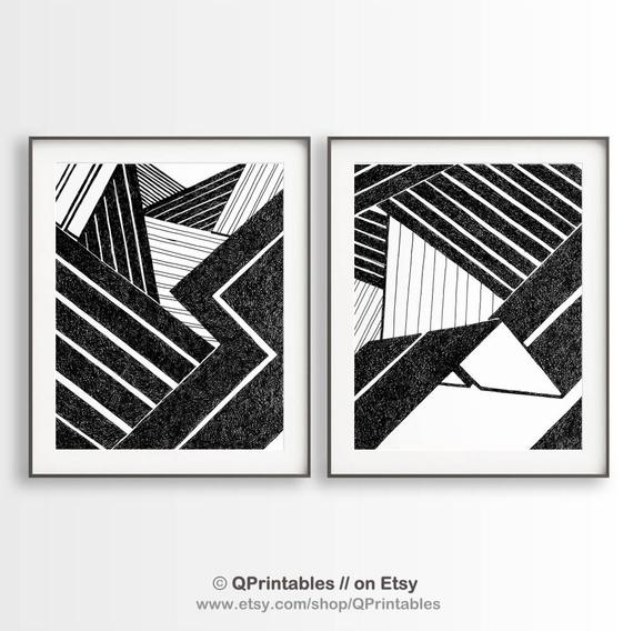 570x568 black white diptych geometric art black white abstract set etsy - Abstract Black And White Drawings