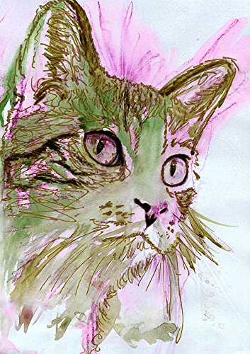 353x500 Colorful Cat Art Print, Pink And Green Abstract Cat - Abstract Cat Drawing