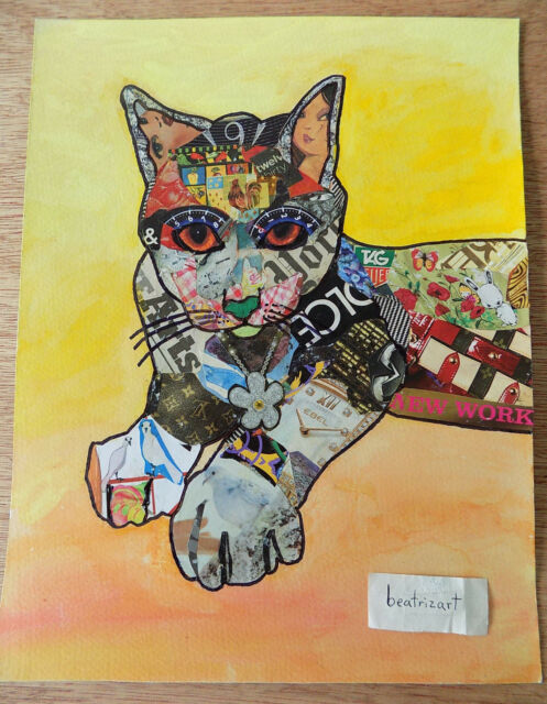 497x640 beatrizart original abstract cat collage portrait art painting - Abstract Cat Drawing