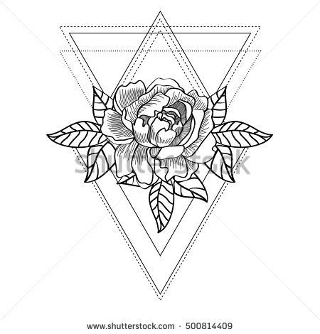 450x470 Line Drawing Of A Beautiful Rose On A Abstract Geometric - Abstract Geometric Drawing