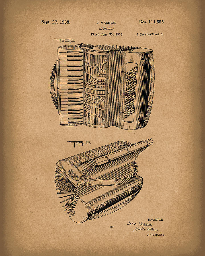 720x900 Accordion Patent Art Brown Drawing - Accordion Drawing