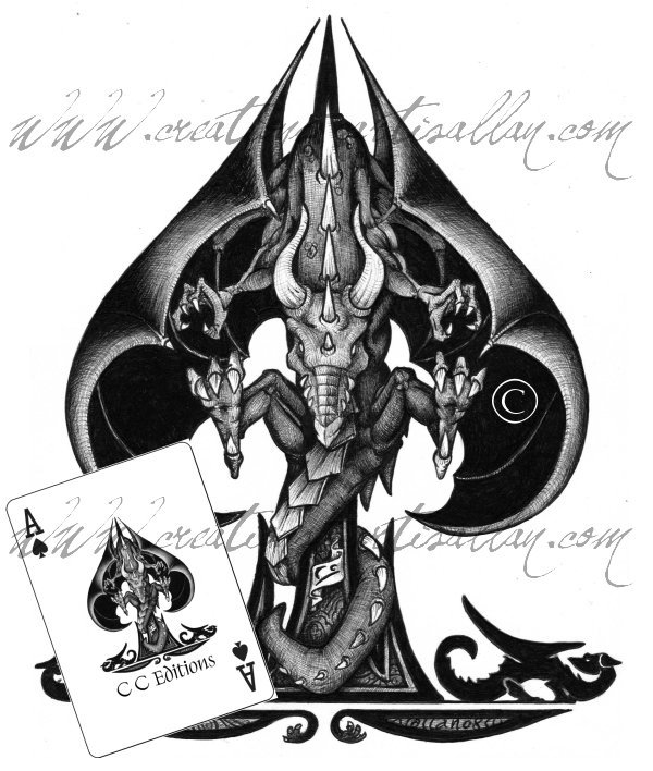 600x708 Creations Artis'allan 's Surreal Drawing Biro Dragon Ace Of Spade - Ace Of Spades Card Drawing