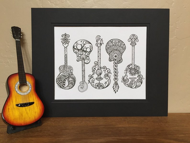 794x596 acoustic guitars zentangle art drawings pen and ink black etsy - Acoustic Drawings