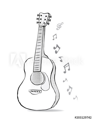385x500 Guitar Sketch Drawing With Music Notes Instrument And Melody - Acoustic Drawings