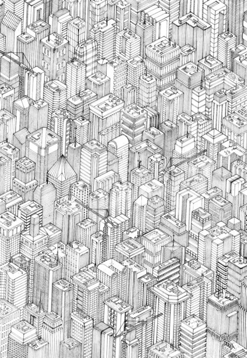 500x724 axonometric aerial view of a city drawings sketchings - Aerial Drawing