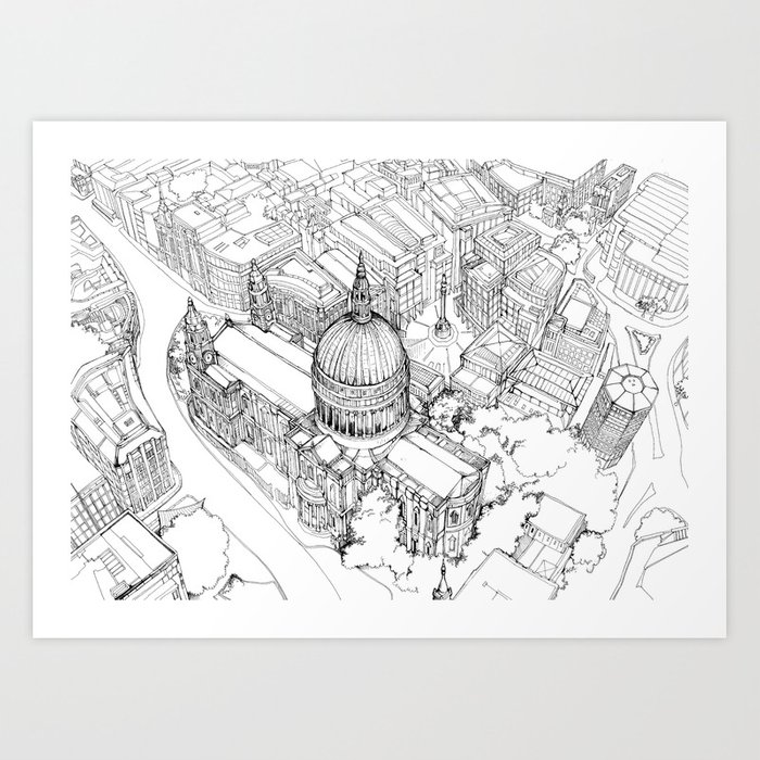 700x700 aerial drawing of st paul's cathedral, london art print - Aerial Drawing