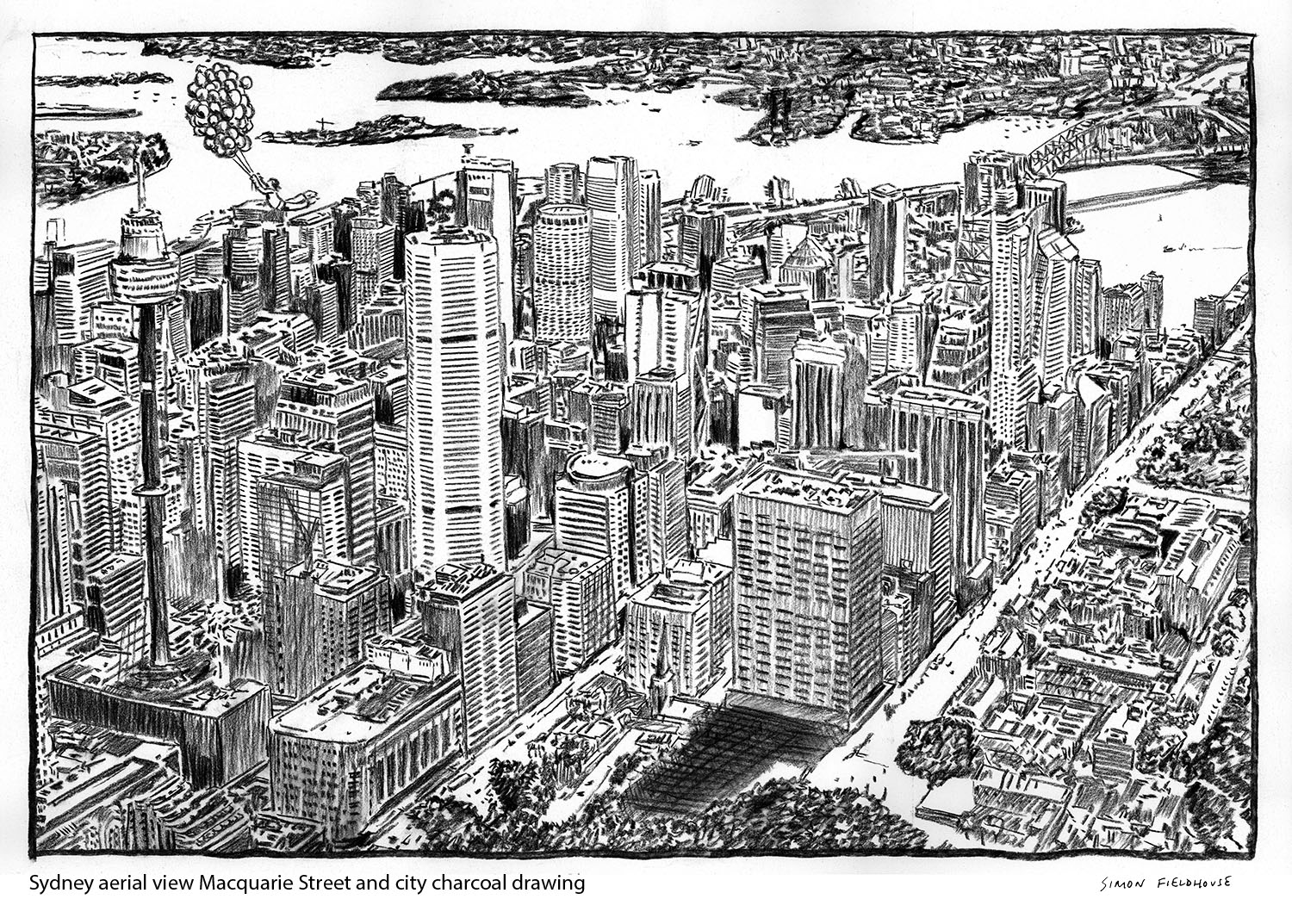 1500x1073 sydney aerial view macquarie street and city charcoal drawing - Aerial Drawing