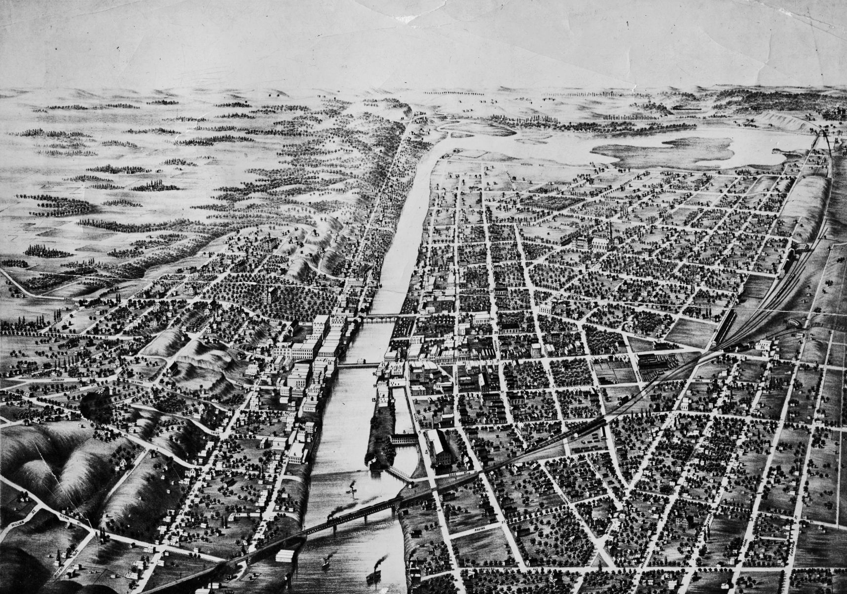 1717x1206 then and now aerial drawing shows janesville in then - Aerial Drawing