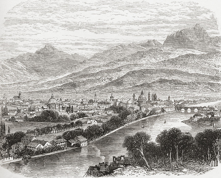 900x728 aerial view of innsbruck, tyrol drawing - Aerial Drawing