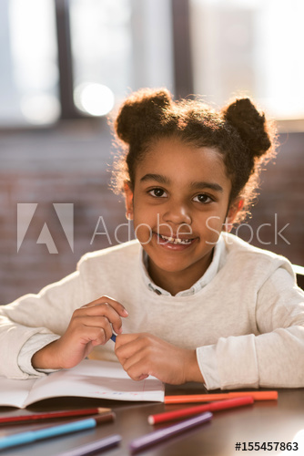 334x500 close up portrait of cute little african american girl drawing - African American Girl Drawing