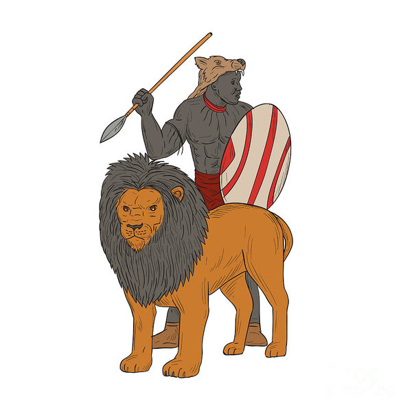 600x600 african warrior spear hunting with lion drawing poster - African Warrior Drawing