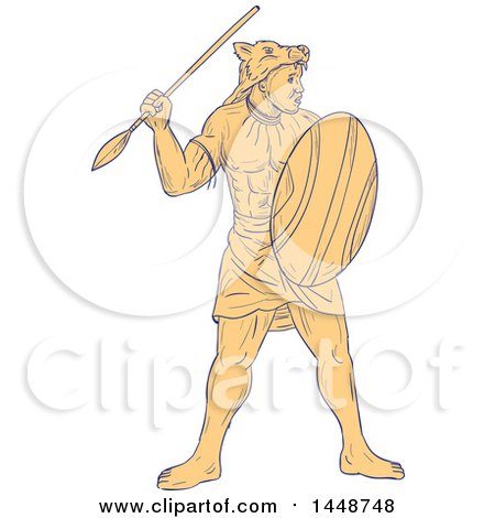 450x470 sketched drawing styled african warrior holding a spear and shield - African Warrior Drawing