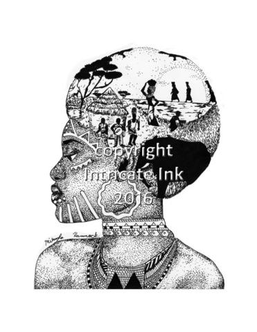 371x480 African Tribal Woman Ink Drawing - African Woman Drawing