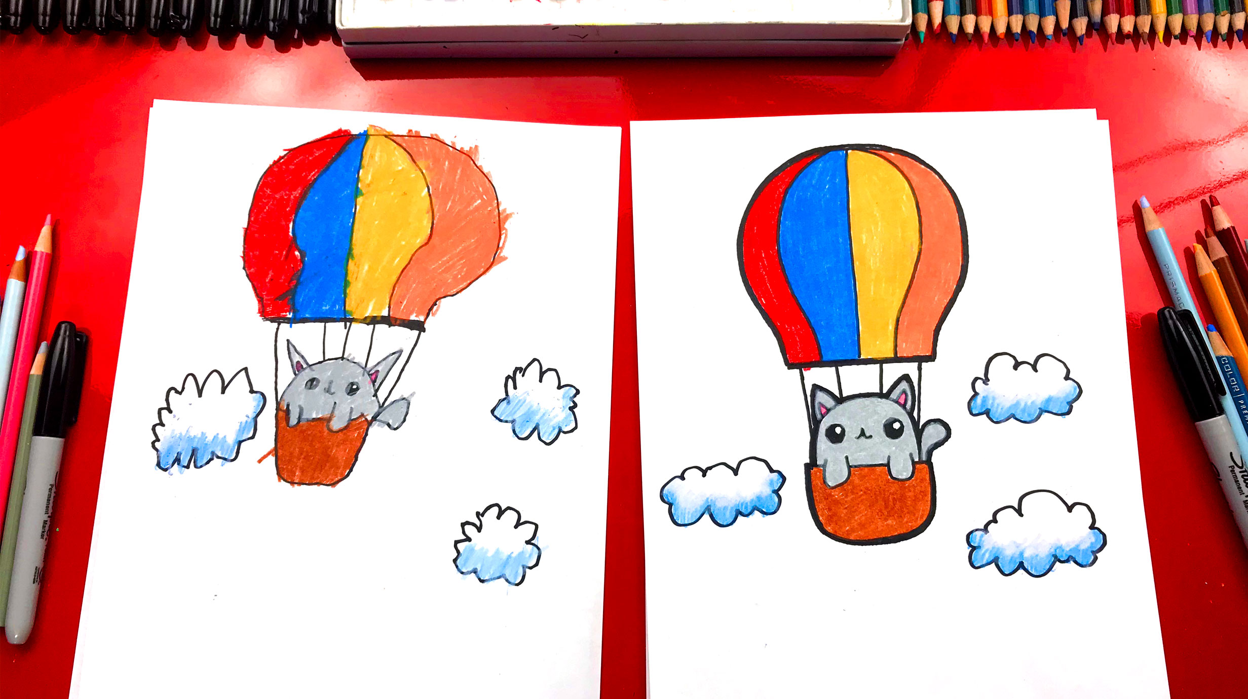 2463x1381 how to draw a kitten in a hot air balloon - Air Balloon Drawing