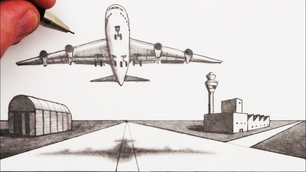 1280x720 How To Draw An Airplane And Airport In Point Perspective - Airplane Drawing