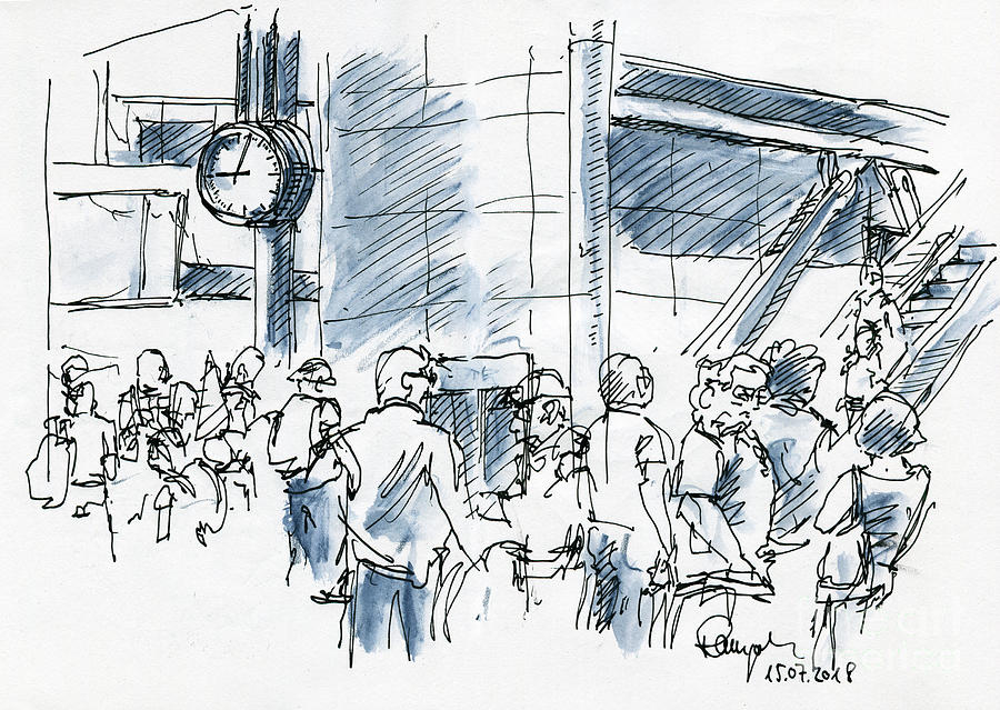 900x639 delayed departure people waiting at airport ink drawing and wate - Airport Drawing