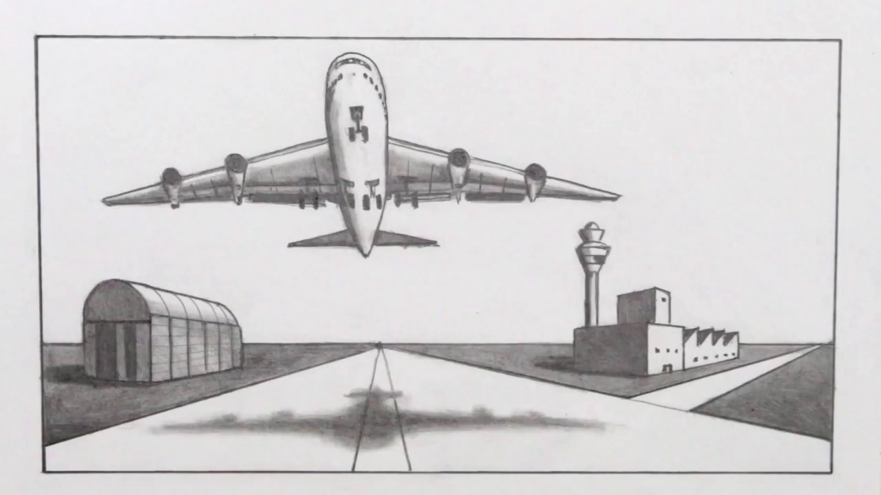 1280x720 how to draw an airplane and airport in point perspective - Airport Drawing