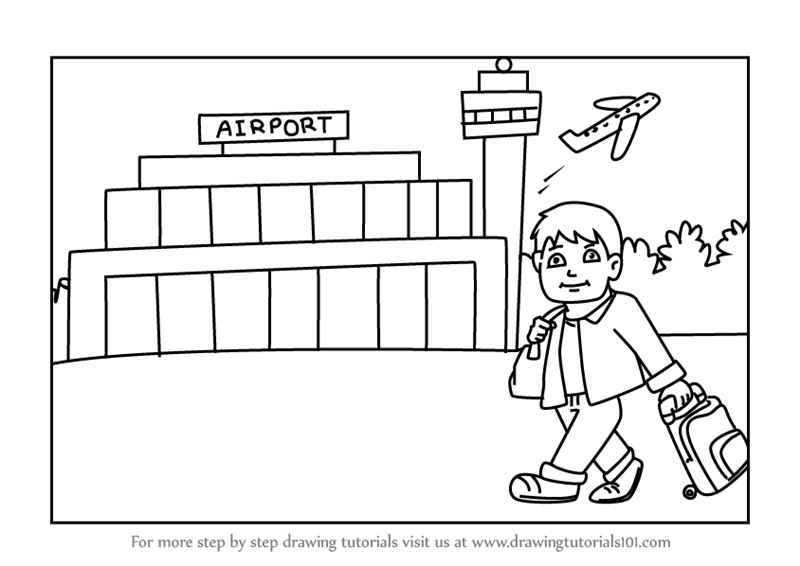 800x566 learn how to draw traveller outside airport - Airport Drawing