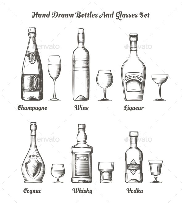 590x656 different alcohol bottles and glasses art and illustration - Alcohol Drawing