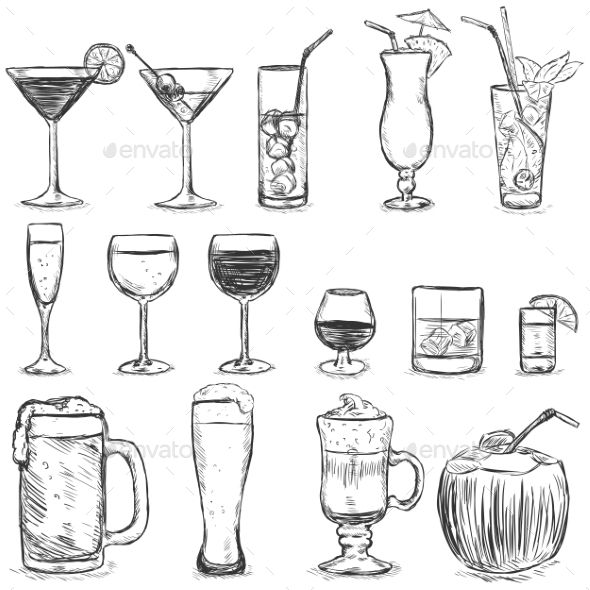 590x590 vector set of sketch cocktails and alcohol drinks food vectors - Alcohol Drawing