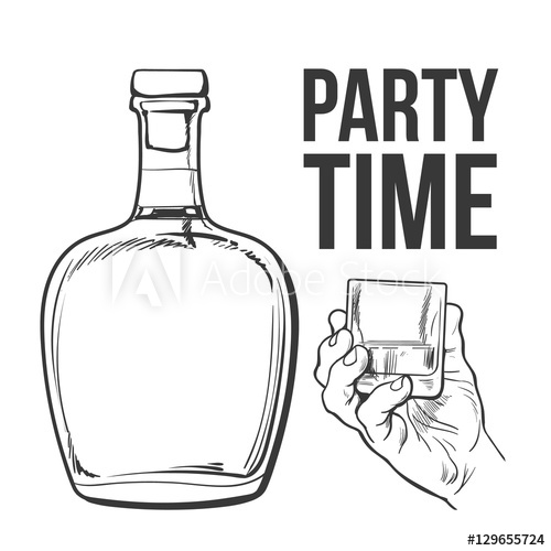 500x500 rum alcohol bottle and hand holding full shot glass, sketch style - Alcohol Drawing